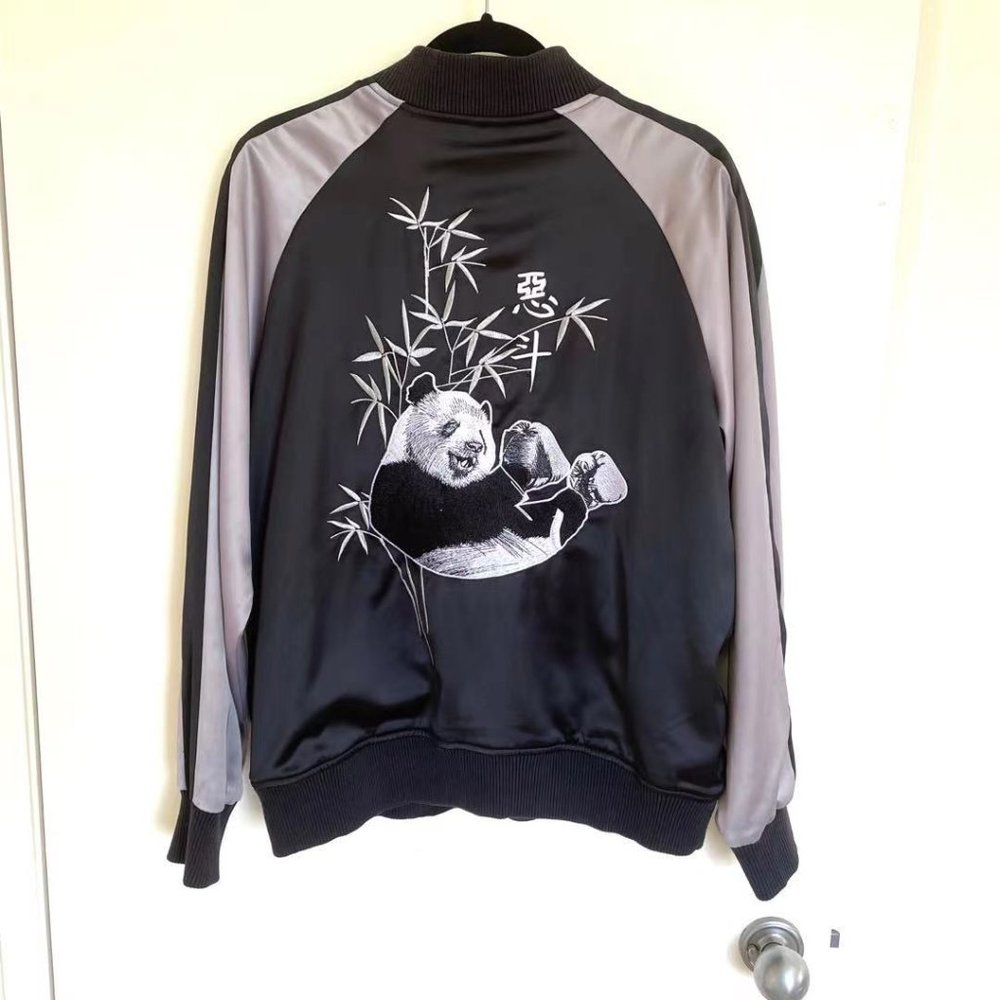 EDou Panda Bamboo Embroidered Satin Bomber Jacket